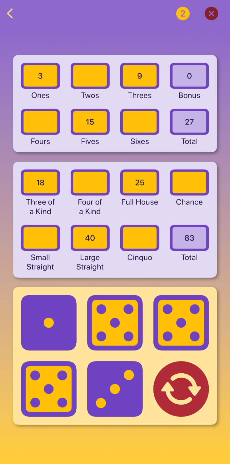 Cinquo — Game Play screen